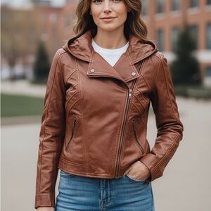 Women's Classic Brown Hooded Leather Jacket